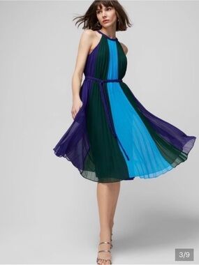 White House Black Market Blue Green Purple Pleated Halter Midi Dress
